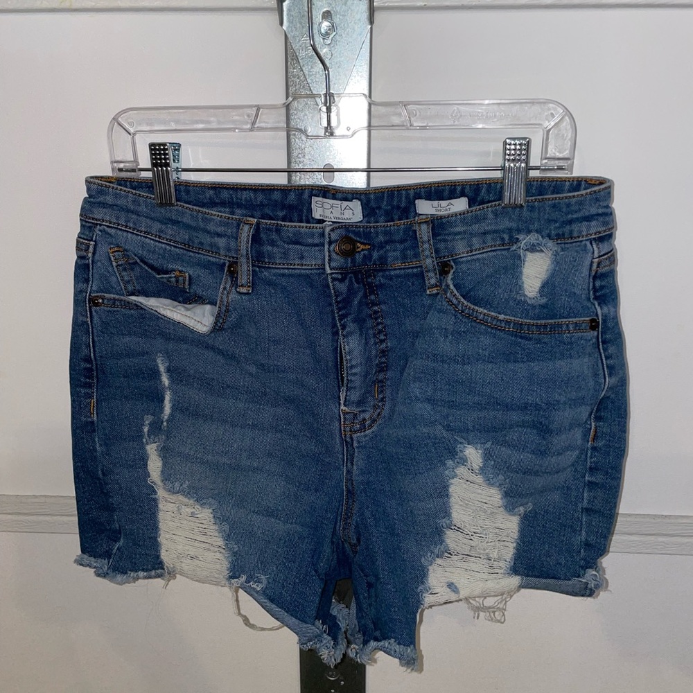 sofia Distressed High Waist Mid Blue Denim Cutoff Shorts